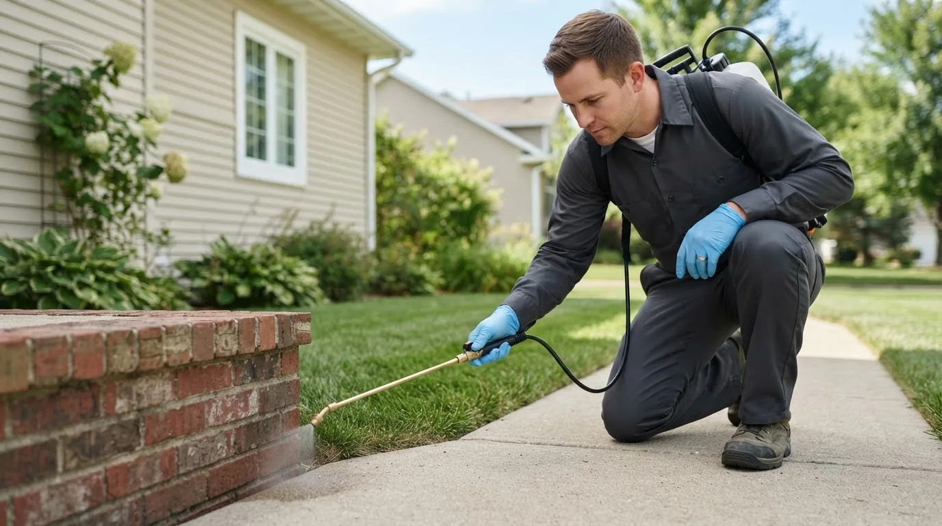Pest control technician treating a home near Brewerton, NY