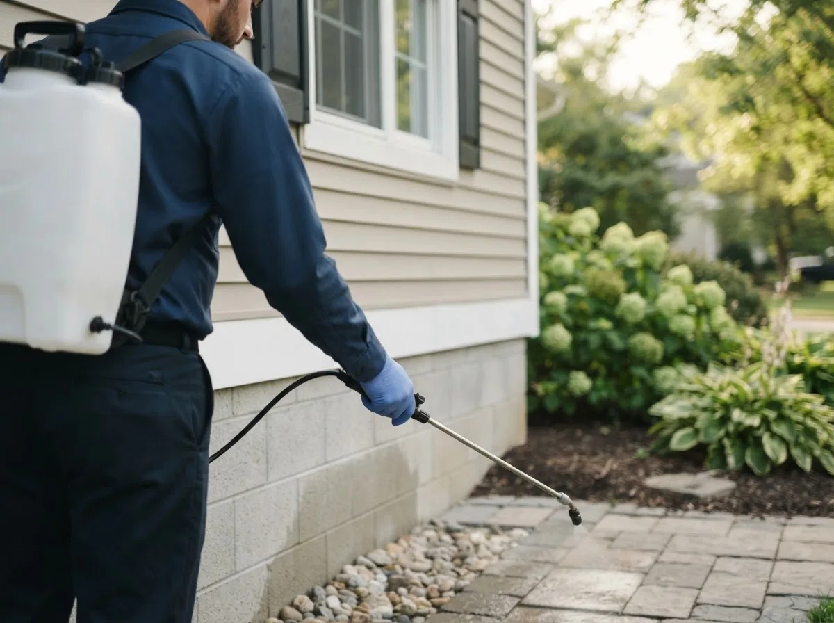 Pest control technician inspecting a home in Brewerton, NY